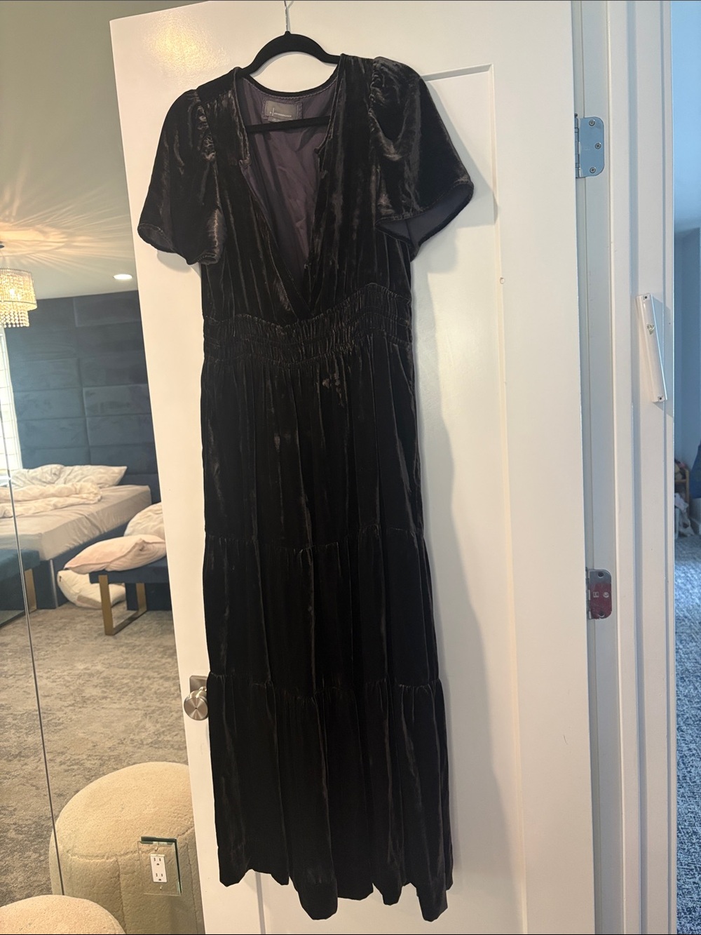 Anthropologie Black Velvet Tiered V-Neck Maxi Dress